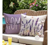 ViaElayu Fundas de Cojín para Exterior Impermeables 40x40 cm Flores de Lavanda Moradas Decorativas Sofá Funda para Jardín Veraniegos Fundas Cojín para Patio Banco Sala de Estar Juego de 2