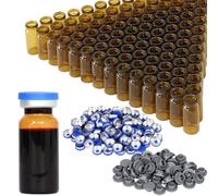 Viales de vidrio de 10 ml, frascos de vidrio ámbar de 2-1/2 Dram con tapas abatibles de plástico y aluminio y tapones de goma, paquete de 100, viales de laboratorio de fondo plano de 20 mm (ámbar)