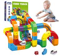 Vibbang 81 piezas Clickrail Electric Train Set Flexible Pista de Carreras, Cubix 3D Tren Bloque de Pista Cubo con Disposición 3D Defying por Gravedad, Bloques Magnéticos y Tren Motorizado, Regalo para