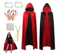 Vibbang Halloween Vampire Costume Set, Capa con Capucha y Colmillos de Vampiro, Capa Reversible Cuello Negra Roja Cicatriz de Tatuaje para Halloween Cosplay, 140cm
