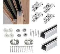 Vibeo Kit Puerta Corredera Oculta Riel de Puerta Corrediza de Doble Riel con Rodillos, Kit de Herrajes para Puertas Empotradas Lisas, Juego de Rieles Metálicos para Puertas(Silver,59in/150cm)