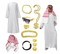 Vibhgtf Disfraz de jeque - Conjunto de túnicas árabes blancas para hombre, cosplay con cuello redondo, kit completo para fiestas temáticas, completo multiusos | Guía de disfraces creativos para