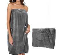 VIBINHO Toalla de Sauna para Mujer 140x80cm, Albornoz de Baño de Microfibra Ajustable con Botones y Bolsillo, Absorbente y Secado Rápido para SPA, Playa, Piscina, Gris