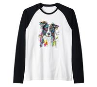Vibrante Abstracto Border Collie Perro Arte Boceto Camiseta Manga Raglan