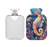 Vibrante bolsa de agua caliente de caballito de mar con funda de terciopelo, bolsa de agua caliente transparente de 1 litro para calambres menstruales, alivio del dolor de cuello y hombros, calentador
