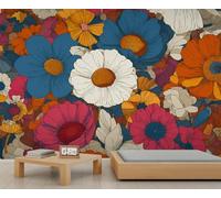 Vibrante Collage Floral Retro para Pared, Decoración Botánica Audaz para Sala y Dormitorio, Gran Papel Tapiz Removible 100x100cm (No es autoadhesivo)