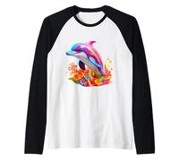 Vibrante Colorido delfín Pop Art Tropical diseño Floral Camiseta Manga Raglan