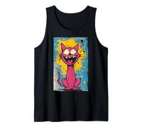 Vibrante Gato Rosa Loco Expresión Divertida Fondo Colorido Camiseta sin Mangas