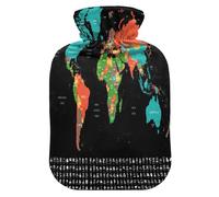 Vibrante mapa del mundo con banderas, botella de agua caliente con cubierta suave, compresas calientes de 2 L para el cuerpo para calambres menstruales