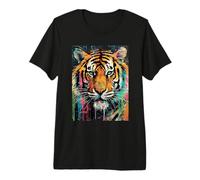 Vibrante Pintura Abstracta Salpicadura Tigre Cara Arte Camiseta Premium