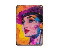 Vibrante pintura acrílica de Audrey Hepburn, póster de metal impreso, arte elegante, retro, pintura de hierro, bar, cueva de personas, cafetería, garaje, póster decorativo de pared, 20 x 30 cm