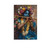 Vibrante póster de lienzo con diseño de Dios hindú meditativo del Señor Krishna con flauta, flauta y plumas de pavo real, decoración espiritual de pared para oficina en casa, estudio de yoga y sala de