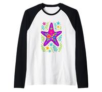 Vibrantes estrellas de mar y elementos florales estilo tropical Camiseta Manga Raglan