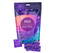 VIBRATISSIMO Condones Mix paquete de 100 mixto | sensitivos y extra húmedos | bolsa de preservativos grosor delgado y aromatizados | condones extra finos con textura estirada y acanalado