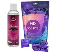 VIBRATISSIMO Condones Mix paquete de 100 mixto y lubricante 250 ml | sensitivos y extra húmedos | condones extra finos con textura estirada y acanalado
