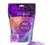 VIBRATISSIMO Condones Mix paquete de 50 mixto | sensitivos y extra húmedos | bolsa de preservativos grosor delgado y aromatizados | condones extra finos con textura estirada y acanalado