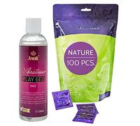 VIBRATISSIMO Condones Nature paquete de 100 y lubricante 250 ml | caja de preservativos premium extra húmedos | grosor fino y color natural | ultra sensitivos | anticoncepción hombre | b=53 mm