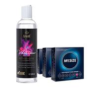 Vibratissimo Play Gel all-in-one 250 ml y pack de 3 condones MY.SIZE | Gel lubricante efecto cálido, estimulante y potenciador del orgasmo | lubricación a base de agua y condones de 57, 60 y 64 mm