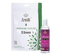 Vibratissimo Play Gel med 250 ml y 50 condones AMOR Nature, a base de agua, condones de 53 mm, para juguetes y condones de látex