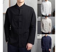 Vibsky Abrigo tradicional chino de Kung Fu Tai Chi para hombre, uniforme de manga larga, cuello alto, chaqueta de lino y algodón, casual, para vacaciones, color negro
