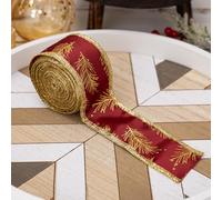Vibsky Festive Christmas - Cinta con alambre de 3 rollos, 2 pulgadas x 164 pies, color rojo, dorado y blanco con diseño de aguja de pino, decoración de árbol de Navidad con purpurina y envoltura