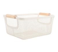 VICASKY Cesta de Alambre Metálico Blanca Mediana Asa de Madera Cesta Organizadora Rectangular para Baño y Cocina para Organizar y Almacenamiento Decorativo