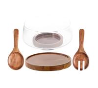 VICASKY Ensaladera de Vidrio con Tapa y Base de Madera 3,4 L | Utensilios para Servir, Borde Redondeado, Soporte Estable, Cristal Transparente, para Buffet y Mesa