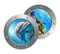 VICASKY Pegatinas de Pared Autoadhesivas 3d de Pvc Diseño Submarino y Ventana de Ojo de Buey para Decoración Infantil, Fáciles de Quitar, Pack de 2 Unidades