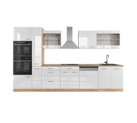 Vicco Cocina Americana R-Line, Blanco Brillo Intenso/Roble Dorado, 350 cm con Armario Alto, ET Roble, Apto para ampliación Individual y disposición Flexible