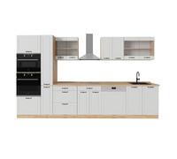 Vicco Cocina Completa R-Line, Casa de Campo Blanca/Roble Dorado, 350 cm | 9 Módulos · Patas regulables en altura · Encimera in rentes de MDF · Con armario para horno/microondas