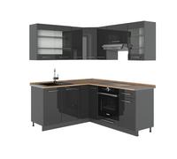 Vicco Cocina esquinera Fame-Line, Antracita Alto Brillo, 190 x 60 cm, ET Roble