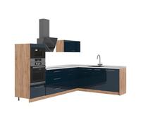 Vicco Cocina esquinera Fame-Line Azul Oscuro Alto Brillo/Roble 287x60 cm