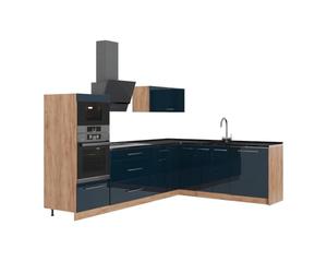 Vicco Cocina esquinera Fame-Line Azul Oscuro Alto Brillo/Roble 287x60 cm