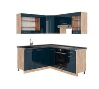 Vicco Cocina esquinera Fame-Line, Azul Oscuro Alto Brillo/Roble Dorado, 160 x 190 cm, ET Antracita