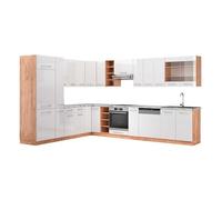 Vicco Cocina esquinera Fame-Line, Blanco Brillo Intenso/Roble Dorado, 347 x 60 cm, ET Mármol, para ampliación Individual con módulos adicionales compatibles