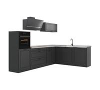 Vicco Cocina esquinera R-Line, Antracita casa de Campo/Antracita 287 x cm | 12 Módulos · Patas regulables en altura · Encimera in rentes de MDF · Con armario para frigorífico
