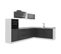 Vicco Cocina esquinera R-Line, Antracita casa de Campo/Blanco 287 x cm | 12 Módulos · Patas regulables en altura · Encimera in rentes de MDF · Con armario para frigorífico