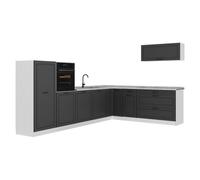 Vicco Cocina esquinera R-Line, Antracita casa de Campo/Blanco 327 x cm | 8 Módulos · Patas regulables en altura · Encimera in rentes de MDF · Con armario para horno