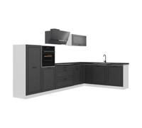 Vicco Cocina esquinera R-Line, Antracita casa de Campo/Blanco 347 x cm | 8 Módulos · Patas regulables en altura · Encimera in rentes de MDF · Con armario para horno