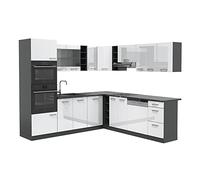 Vicco Cocina esquinera R-Line, Blanco Alto Brillo, 247 x 60 cm, ET Antracita, para planificación de Cocina Variable y ampliación Modular