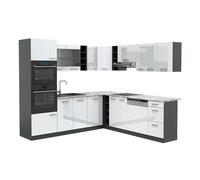 Vicco Cocina esquinera R-Line, Blanco Alto Brillo, 247 x 60 cm, ET Mármol, para planificación de Cocina Variable y ampliación Modular