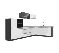 Vicco Cocina esquinera R-Line, Blanco Alto Brillo/Antracita 347 x cm | 8 Módulos · Patas regulables en altura · Encimera in rentes robustos · Con armario para horno