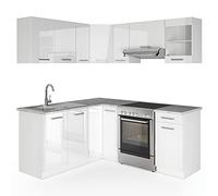 Vicco Cocina esquinera R-Line, Blanco Alto Brillo/Blanco 187 x 167 cm | ET Mármol, con elementos modulares ampliables para una planificación flexible de la cocina