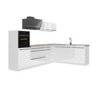 Vicco Cocina esquinera "R-Line", Blanco alto brillo/Blanco 287 x cm | 12 Módulos · Patas regulables en altura · Encimera in rentes robustos · Con armario para frigorífico