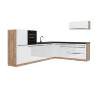 Vicco Cocina esquinera R-Line, Blanco Alto Brillo/Roble Dorado 327 x cm | 8 Módulos · Patas regulables en altura · Encimera in rentes robustos · Con armario para horno