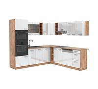 Vicco Cocina esquinera R-Line, Blanco Brillo Intenso/Roble Dorado, 247 x 46 cm sin encimera, para Montaje Individual y ampliación con módulos adicionales