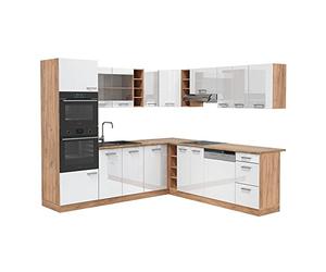 Vicco Cocina esquinera R-Line, Blanco Brillo Intenso/Roble Dorado, 247 x 46 cm sin encimera, para Montaje Individual y ampliación con módulos adicionales