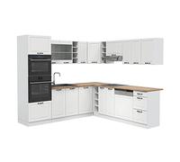 Vicco Cocina esquinera R-Line, Blanco casa de Campo, 247 x 60 cm, ET Roble, para disposición Flexible y ampliación Modular