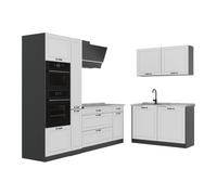 Vicco Cocina esquinera R-Line, Blanco casa de Campo/Antracita 230 x 120 cm | 8 Módulos · Patas regulables en altura · Encimera in rentes de MDF · Con armario para horno/microondas