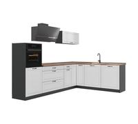 Vicco Cocina esquinera R-Line, Blanco casa de Campo/Antracita 287 x cm | 12 Módulos · Patas regulables en altura · Encimera in rentes de MDF · Con armario para frigorífico